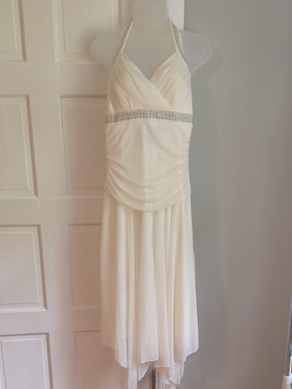 Trixxi Cream One-Shoulder Halter Dress with Rhinestone Waist